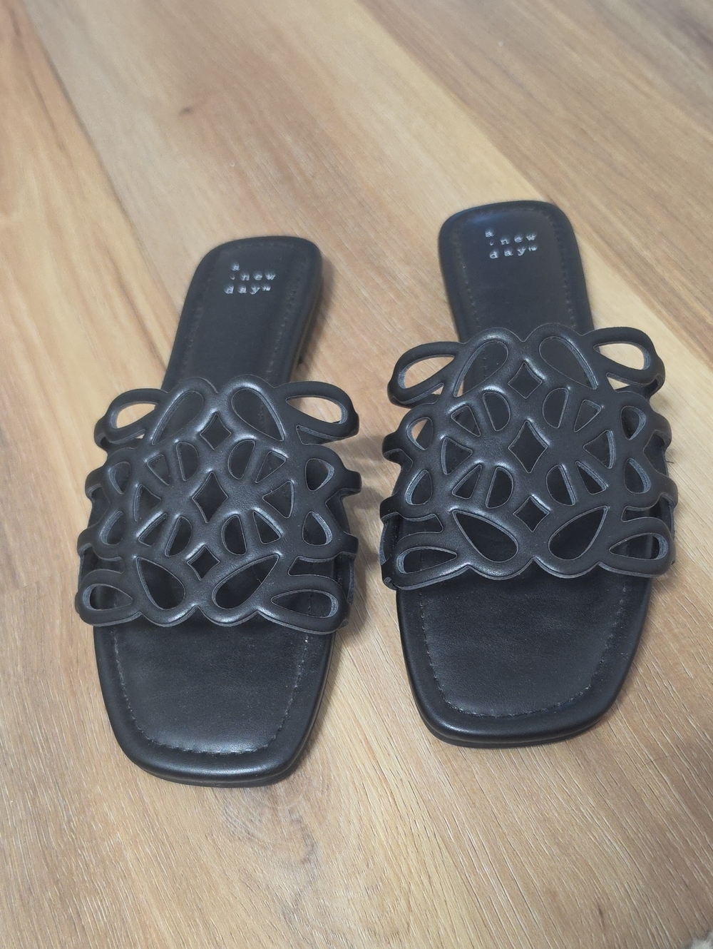 A New Day Black Laser-Cut Slide Sandals